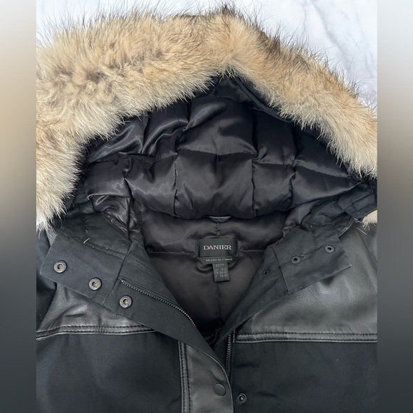 DANIER Down Filled Leather Accent Bomber w Detachable Coyote Fur Hood Trim - Picture 4 of 17